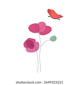 red poppies and butterfly lineart	