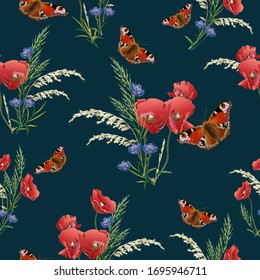 Red poppies with charming butterflies and field grass look great on a dark green background. Textile composition, template for the design of print, fabric, wallpaper.