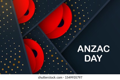 Red Poppies Field Anzac Day banner. Paper cut Poppy flower symbol of Peace. Remembrance, Memorial, Veteran Day header, card, elegant layout, invitation. Military parade. Place for text. layered Vector