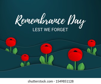 Red Poppies Field Remembrance Day banner. Paper cut Poppy flower symbol of Peace. Anzac, Memorial, Veteran Day header, card, poster, flyer, invitation. Military parade. Place for text. layered Vector