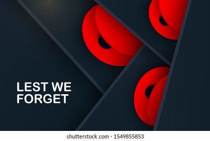 Red Poppies Field Remembrance Day banner. Paper cut Poppy flower symbol of Peace. Anzac, Memorial, Veteran Day header, card, elegant layout, invitation. Military parade. Place for text. layered Vector