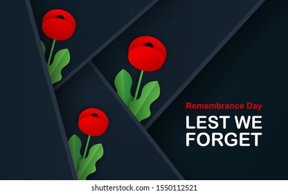 Red Poppies Field Remembrance Day banner. Paper cut Poppy flower symbol of Peace. Anzac, Memorial, Veteran Day header, card, poster, flyer, invitation. Military parade. Place for text. layered Vector