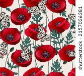 Red poppies flowers and butterflies pattern. Summer vector illustration for print  textile, fabric, wrapping paper.