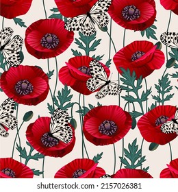 Red poppies flowers and butterflies pattern. Summer vector illustration for print  textile, fabric, wrapping paper.