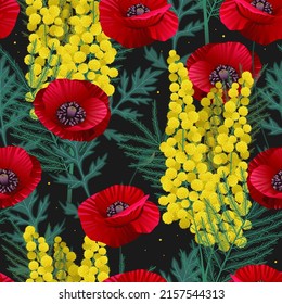 Red poppies flowers and mimosa pattern. Summer vector illustration for print  textile, fabric, wrapping paper.