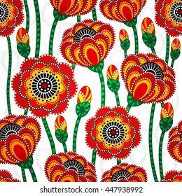 Red poppies flowers seamless pattern. Floral background texture. Vector stylized illustration.