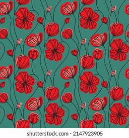 Red poppies flowers.Seamless pattern on green background. Floral texture.Vector illustration.