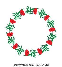 red poppies form a circular frame on white background greeting cards wedding invitations, birthday Valentine's Day Mother's Day Veteran's Day vector