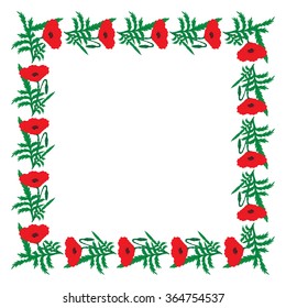Red poppies form a square frame on a white background greeting cards Wedding invitations birthday Veteran's Day Valentine's Day Mother's Day vector
