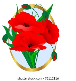 Red poppies in a gold framework. Vector.