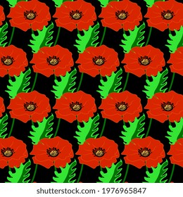 Red poppies with green stems and leaves on black background. Seamless vector floral illustration for decor or holiday greetings template.