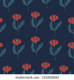 Red poppies hand drawn vector illustration. Vintage flowers in flat style for a wallpaper. Floral seamless pattern.