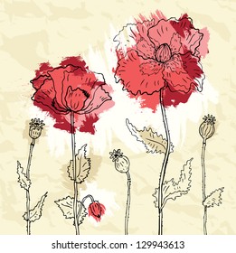Red poppies on crumpled paper background. Vector illustration