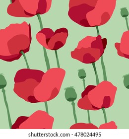 Red poppies on field seamless pattern. Vector illustration