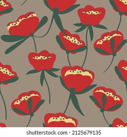 Red poppies on green stems with leaves seamless pattern