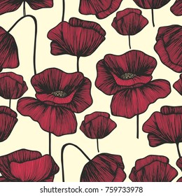 Red poppies on a light background. Vector seamless pattern for design of textiles and wallpaper