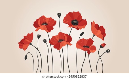 Red poppies on neutral beige background. Vector illustration suitable for Remembrance Day or Victory Day projects