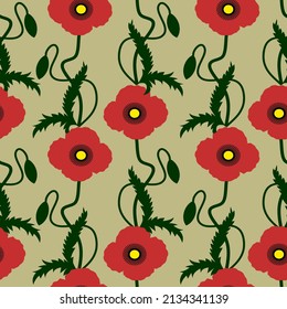 Red poppies on olive colour background seamless pattern