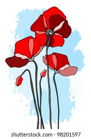 Red poppies on sky background. Vector illustration