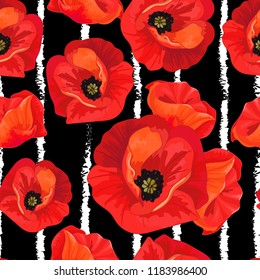 Red poppies on a striped black and white  background. Floral seamless pattern with big bright flowers.Summer vector illustration for print  textile,fabric,wrapping paper.