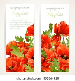 Red poppies on two vertical blank banners on a white background