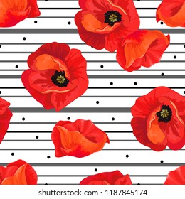 Red poppies on a white background with black stripes. Floral seamless pattern with big bright flowers.Summer vector illustration for print  textile,fabric,wrapping paper.