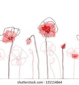 Red poppies on white background. Seamless Vector illustration