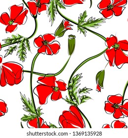 Red poppies on a white background. Floral seamless pattern with big bright flowers.Summer vector illustration for print textile,fabric,wrapping paper