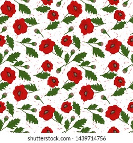 Red poppies on white background with splashes. Seamless pattern.