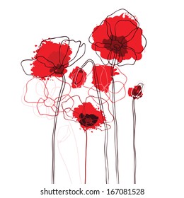 Red poppies on a white background. Vector illustration.