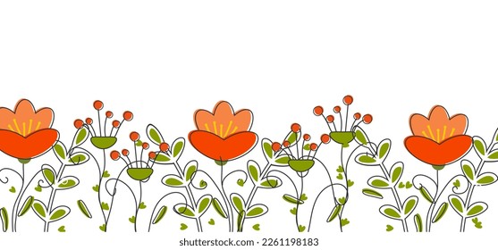 Red poppies on white background. Beautiful strokes line of botanical flowers sketch style. Vector seamless pattern illustration design for fashion,fabric ,and all prints on white background color