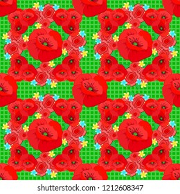 Red poppies pattern. Hand drawn flowers. Vintage flower seamless pattern with red poppies on a green doted background. Vector flower pattern sketch.