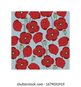 Red poppies pattern on blue background
