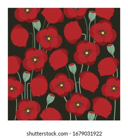 Red poppies pattern on dark green background