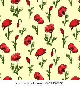Red poppies in a pattern.Vector seamless pattern with poppies on a colored background.