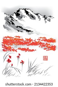 Red poppies. Poppy field in a mountain valley. Text - "Perception of Beauty". Vector illustration in traditional oriental style.