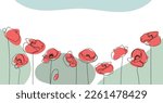 Red poppies in a row on abstract background. Vector illustration. One line Continuous Art.