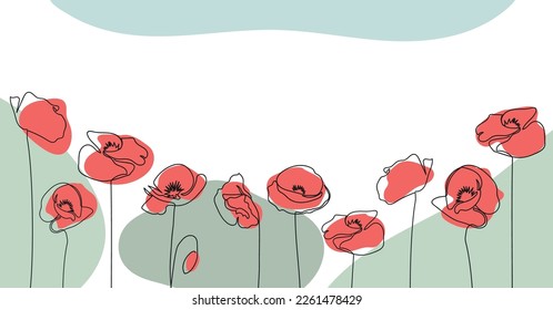 Red poppies in a row on abstract background. Vector illustration. One line Continuous Art.