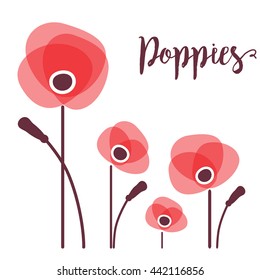 Red poppies in a row. Vector illustration of red poppy isolated on white background. Remembrance symbol