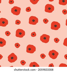 Red poppies seamless pattern. Abstract models of flowers on a pink background. Retro vector illustration of poppy. Vintage design for fabric, packaging, cover, poster.