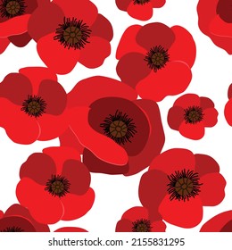 Red poppies. Seamless pattern of flowering summer plants on a white background. Vector image.