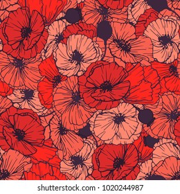 Red Poppies Seamless Pattern. Summer Flowers in Linear Engraving Style. Vector Floral Repeating Pattern for Cover , Print Design