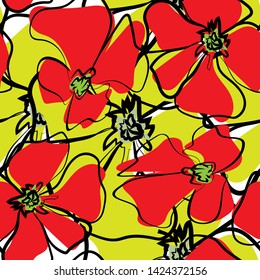 Red Poppies Seamless Pattern. Summer Flowers in Linear Engraving Style. Vector Floral Repeating Pattern for Cover