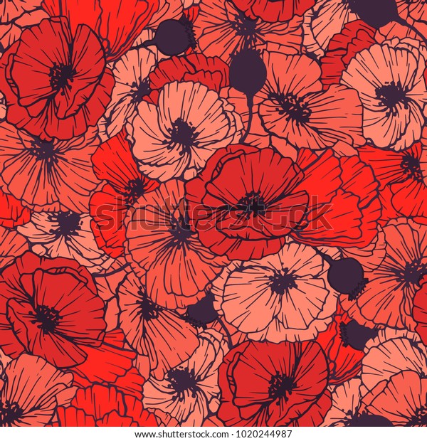 红罂粟无缝图案 夏天花在线性雕刻风格 矢量花卉重复图案覆盖 印刷设计库存矢量图 免版税
