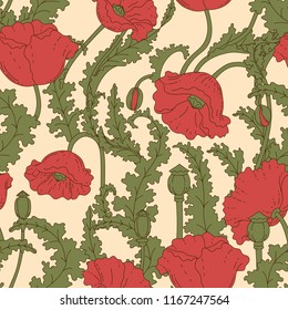 Red Poppies Seamless Pattern. Vector Floral illustration
