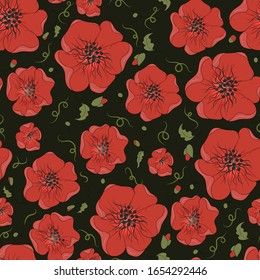 Red Poppies Seamless Pattern. Vector Floral Repeating Pattern for Cover , Print Design. Folk floral seamless pattern. Botanical background. Poppy flowers and seed boxes seamless pattern