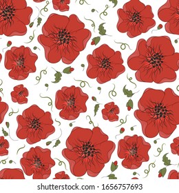 Red Poppies Seamless Pattern. Vector Floral Repeating Pattern for Cover , Print Design. Folk floral seamless pattern. Botanical background. Poppy flowers and seed boxes seamless pattern