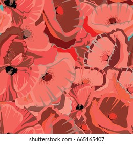 Red poppies seamless pattern. Vector illustration of beautiful summer flowers on turquoise background