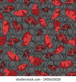 Red poppies seamless vector pattern on gray. Surface print design for fabrics, stationery, scrapbook paper, gift wrap, textiles, backgrounds, and packaging.