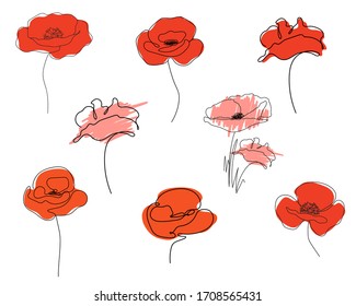 Red poppies set. Poppies flower continuous line drawing. Abstract minimal flowers. Handwriting. Editable vector line. Collection. Doodles in black and white. Illustration. 